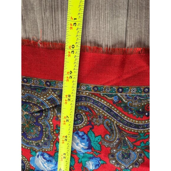 Vintage Square Red Scarf With Blue Floral Paisley Print & Frayed Edges 30" X 30" - Picture 4 of 4
